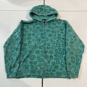 VTG DC Shoes Y2K Green AOP Hoodie Full Zip Up Skater Punk Size Large